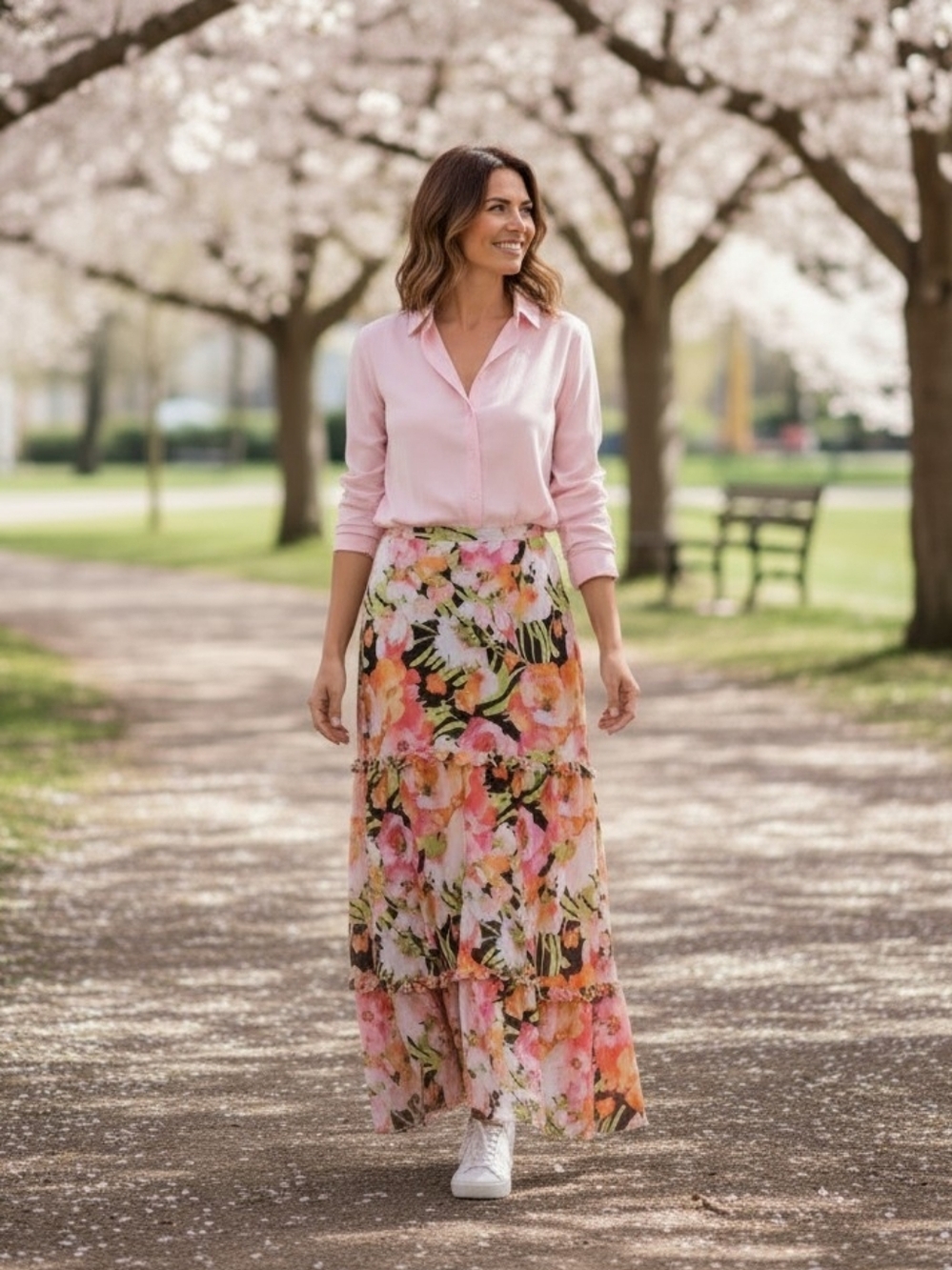 Cato Floral Tiered Maxi Skirt With Ruffles- Pink, Green & Black